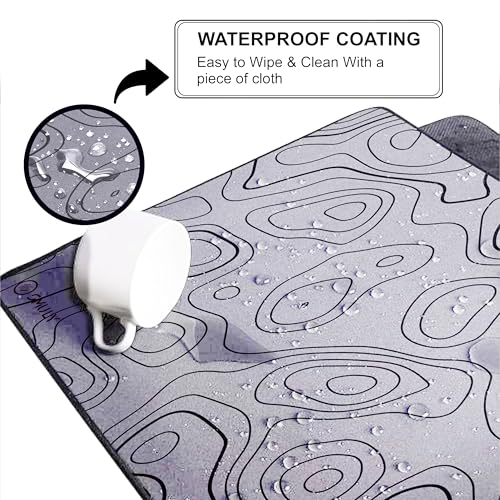 Image of White Contour Line Mouse Pad 18x36 Inch 3mm Extended Gaming Desk Mat with Anti-Slip Rubber Base Mousepad for Smooth Surface Desk pad for PC & Laptop Use Waterproof & Stiched (Black /White)Deskpad