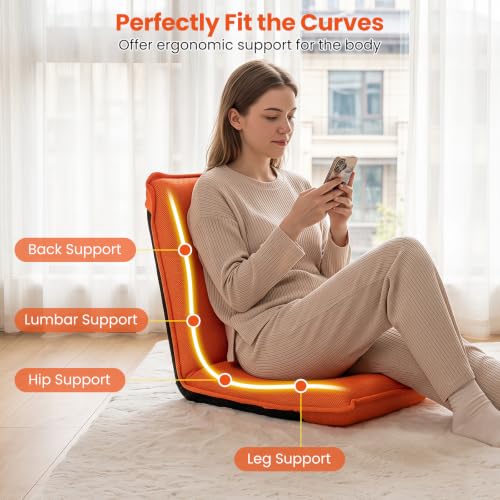 Image of GIANTEX Adjustable Mesh Floor Sofa Chair, 6-Position Multiangle Padded Floor Chair, Cushioned Back Support Versatile, Video Game Chairs for Meditation Seminars Reading TV Watching or Gaming (Orange)