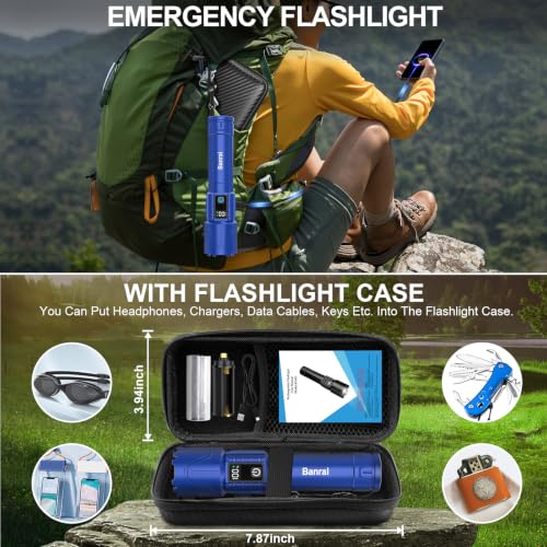 Image of Rechargeable Tactical Flashlights 2000 High Lumens - 5000mAh Super Bright LED Powerful Flash Light, Waterproof Handheld USB C Flashlight for Home,Car,Camping,Emergencies,5 Modes,Zoomable (2, Blue)
