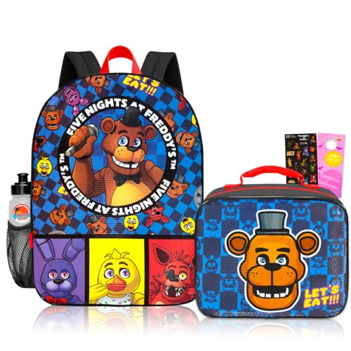 Five Nights at Freddy's Mochila e lancheira para meninos – Pacote com mochila FNAF, Lancheira FNAF, adesivos, garrafa de água | Conjunto de mochila escolar Five Nights at Freddy's
