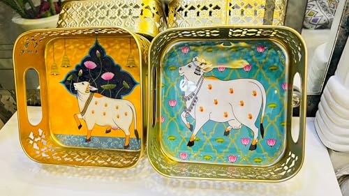 Image of Pichwai Metal 6 Inch Decorative Square Serving Traditional Art Print Tray for Return Gifts, Home Decor, Wedding, Diwali Festive Pooja & Dry Fruit Gifting (Multi Color, 6 inch)