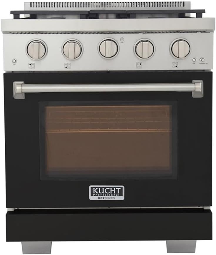 Pemberly Row 30" Propane Gas Range, Black Finish, True Simmer Burners, 4 Burners, 22,000 BTU Convection Oven, Sealed Burners, Stainless Steel Shelves, Modern Kitchen Cooking Appliance
