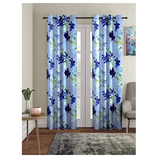 Home Sizzler Polyester Floral Door Curtain, 7 Feet, Blue, 2 Piece