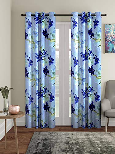 Image of Home Sizzler 2 Pieces 3D Floral Eyelet Polyester Semi- Transparent Door Curtains - 6 Feet, Blue