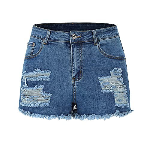 Image of THUNDER STAR Women Mid Rise Ripped Stretchy Jeans Shorts Frayed Raw Hem Casual Denim Shorts