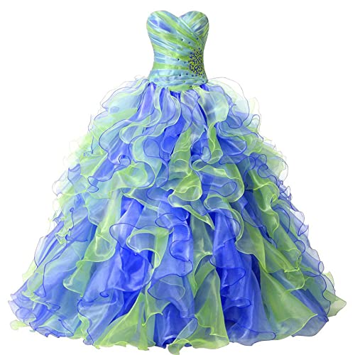 Zorayi Vestido de noche para mujer, multicolor, con volantes, de organza, para bailes y bailes, azul y verde, 52 Cover