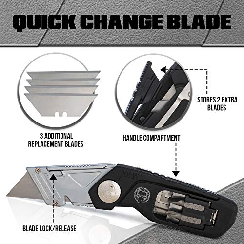 Image of Folding Utility Knife & Box Cutter Combo with Screwdriver Bits, Wire Stripper, Quick-Change Blades, Belt Clip & Refills - Versatile Everyday Carry Tool