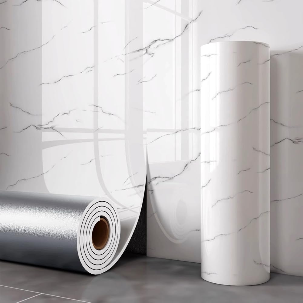40x300cm Glossy Marble Peel and Stick Wallpaper,Waterproof Wall Sticker Waterproof Self-Adhesive Vinyl Wallpaper for Kitchen Bathroom Worktop (White11)