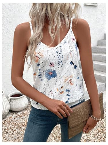 SweatyRocks Women's V Neck Floral Print Cami Tank Top Summer Casual Eyelet Sleeveless Cami Shirts4