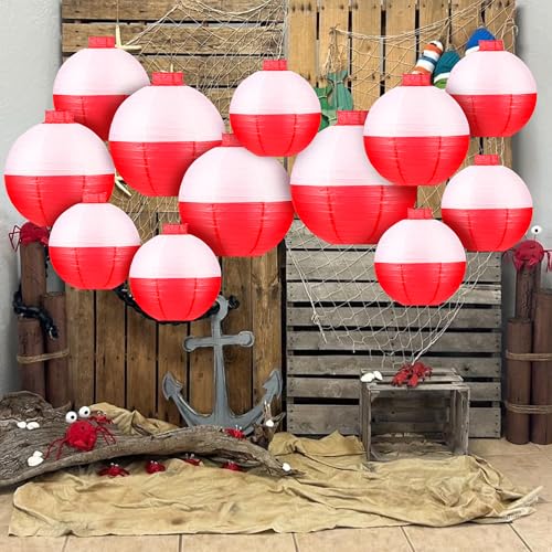 Image of Fishing Bobber Paper Lanterns Round Decoration Lantern 12 PCS Red and White Hanging Paper Lanterns for Fishermen Theme Party Decoration Supplies Birthday Decor