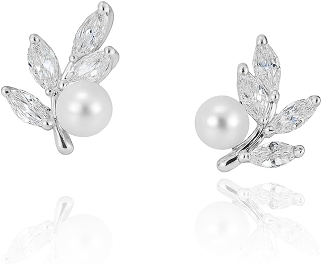 Pearl Leaf Stud Earrings for Women 18K Gold Plated Leaf Cubic Zirconia Earrings Dainty Bridal Bridesmaid Wedding Jewelry