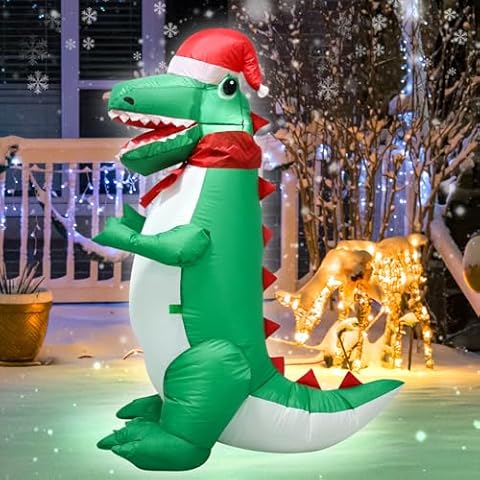 TRMESIA 4FT Christmas Inflatable Dragon Holiday Decoration with LED Lights,Blow up Indoor Outdoor Decor Green Xmas Dinosaur in a Christmas Hat,Perfect for Festive Lawn Garden Displays Family Fun Cover