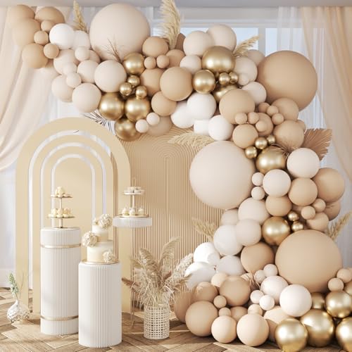 147pcs Neutral Balloon Arch Kit Neutral Balloon Garland with Nude Sand White Metallic Gold Balloons for Wedding Birthday Baby Shower Decorations