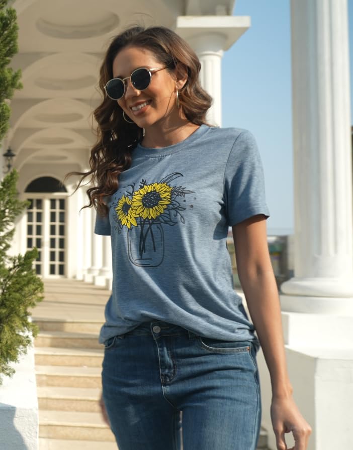 Image of Womens Dandelion T Shirts Sunflower Graphic Short Sleeve Casual Tops