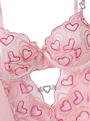 Image of Lilosy Sexy Lingerie Set 3 Piece Women Corset Bodysuit Skirt | Rhinestone Heart Stocking Garter Plus Size Underwire Mesh Sheer Lace Push Up Babydoll Halloween Christmas Valentine's Bridal