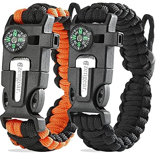aZengear Paracord Survival Bracelet (2 Pack) | Flint Steel Fire Starter, Whistle, Compass, Mini Saw | Adjustable Wrist Band Size for Camping, Bushcraft, Emergency Kit (Black & Orange)