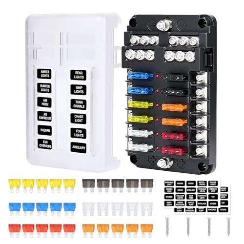 12 Fach Sicherungshalter Wasserdichter Kfz Sicherungskasten Sicherungskasten 12V mit LED Anzeige mit 30 Flachsicherungen Staubdicht Cover Sicherungsblock für DC 12V/24V Auto LKW RV Boot