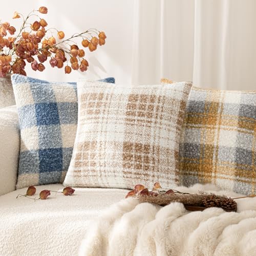 Image of Foindtower Pack of 2 Soft Faux Fur Boucle Throw Decorative Pillow Covers Fuzzy Accent Check Cushion Sherpa Boho Farmhouse Pillowcase for Couch Sofa Bed Living Room Home Decor 20x20 Inch,Khaki Brown
