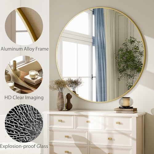 Image of HARRITPURE 48 Inch Round Mirror, Gold Circle Bathroom Mirror, Modern Aluminum Alloy Frame Large Vanity Wall Mirror for Living Room, Bedroom, Entryway