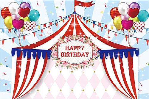 Cassisy 3x2m Vinilo Circo Telon de Fondo Rayas Blancas Rojas Carpas de Circo Globo Pared Azul Rayas Fondos para Fotografia Party Infantil Photo Studio Props Photo Booth