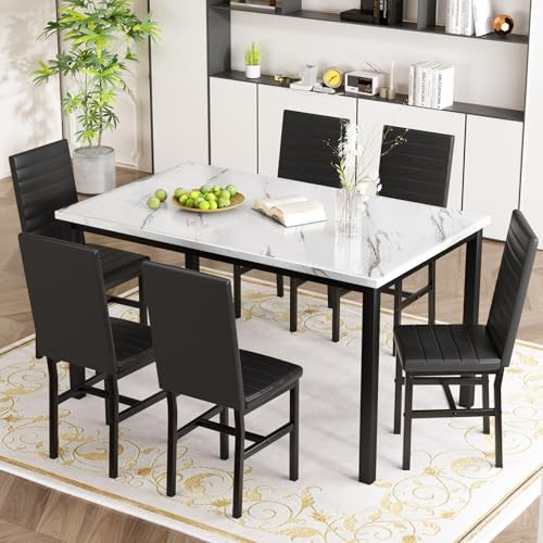 Recaceik Dinner Table Set for 6,Faux Marble Dining Room Table Set,7 Piece Dining Table Set for 6 with PU Leather for Kitchen and Dining (White & Black)