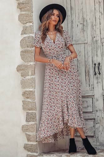 PRETTYGARDEN Women's Summer Maxi Dress Casual Wrap Floral Boho Short Sleeve V Neck Split Ruffle Beach Long Dresses