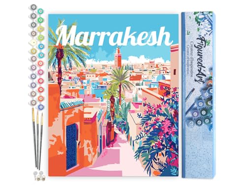Figured'Art Pintar por Numeros Adultos Póster de Viaje Marrakech Marruecos - Manualidades pintura acrilica Kit Cuadro DIY completo - 40x50cm sin bastidor