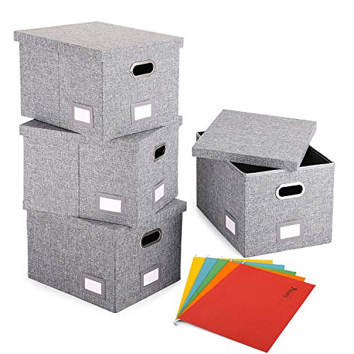 Magicfly File Box for Hanging Files with 5 Hanging File Folders, Pack of 4 Collapsible Documents Storage Bins with Lid and Dual Handle, Linen Filing, Home & Office Foldable File Organizer, Gray