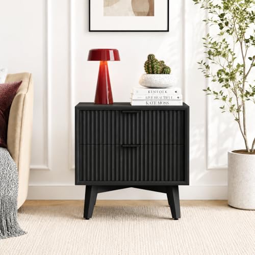 Image of Wooden Bedside Table for Luxury Bedroom | Wooden Bed Side Nightstand Lamp Table with 2 Drawers Storage | Premium Wood Side Table for Living Room, Home & Office | Fluted- Black Finsih