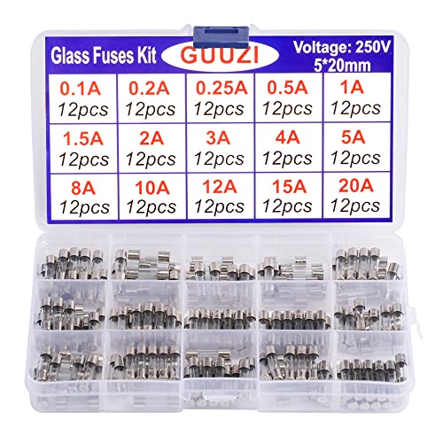GUUZI 15 Valores 180pcs 5 × 20mm 250V Kit Surtido de Fusibles de Vidrio de Soplado Rápido 0,1A / 0,2A / 0,25A / 0,5A / 1A / 1.5A / 2A / 3A / 4A / 5A / 8A / 10A / 12A / 15A / 20A