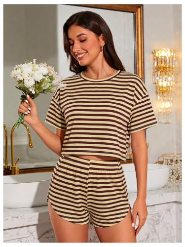 Image of OYOANGLE Womens Pajama Sets 2 Piece Sexy Lounge Sets Summer Cute Pjs Striped Print Tee and Side Split Shorts Set