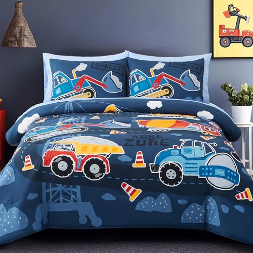Full Size Comforter Set for Boys-7 Pieces Truck Tractor Excavator Glow in The Dark Full Bedding Sets for Kids, Ultra Soft Bed in A Bag with Sheets