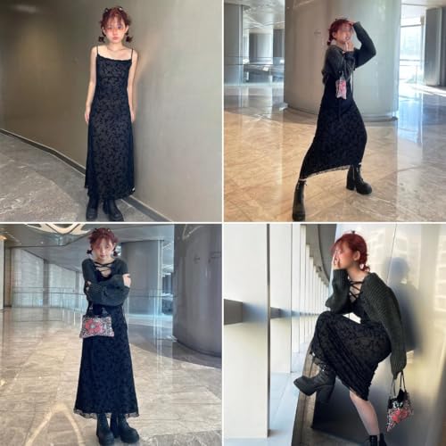 Women Vintage Floral Print Spaghetti Strap Maxi Dress Dark Gothic Sheer Mesh Sleeveless Bodycon Dresses for Party Club4