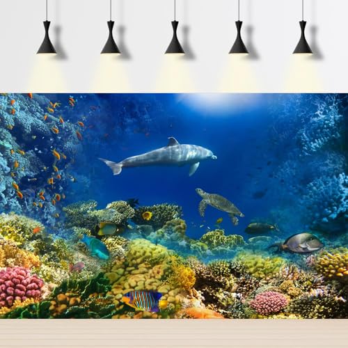 Image of Underwater World Aquarium Background Turtle Shark Tropical Fish Tank Background Under The Sea Colorful Coral Reef Aquarium Backgrounds Deep Blue Sea Sunbeams Tank Backgrounds Poster 72x16in