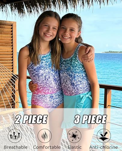 Image of Girls Swimsuit 3 Piece Bathing Suit Quick Dry Tankini Set with Cover Up Beach Skirt Tankini Swimwear 5-16 Years