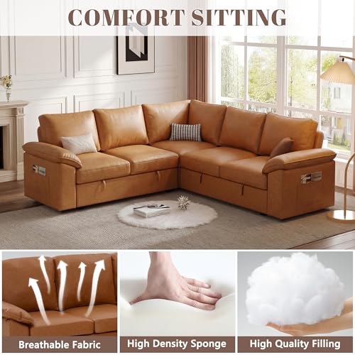 Image of 85 Inch Faux Leather Modular Sectional Sofa with Pull Out Bed, L Shaped 5 Seat Sectional Sleeper Sofa with Storage, Sectional Couches for Living Room, Cloud Modular Couch,Brown Leather