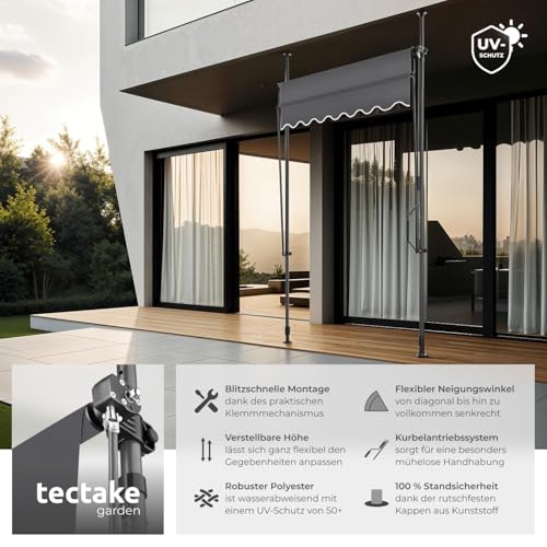 tectake® Klemmmarkise mit Handkurbel, Balkon Markise ohne Bohren, Markise höhenverstellbar, UV-beständig, wasserabweisend, Terrassenüberdachung, Sonnenschutz Terrasse & Balkon, 150 cm - schwarz/grau 2