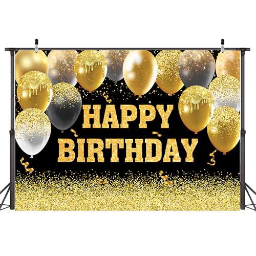 Image of Happy Birthday Decorations Backdrop 8 x 6 ft Golden Happy Birthday Banner Large Birthday Party Background for Men Women Kids Photo Shoot Supplies (Black, 8 * 6 ft)