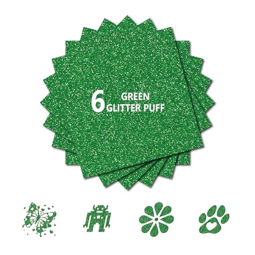 Image of 3D Puff Glitter HTV, 6-Pack 12 inchx10 inch Sheets. Iron-On Vinyl for Fabrics, Compatible with Cricut & Cameo for Easy DIY T-Shirts & Crafts(Green Glitter Puff, 12 inch x 10 inch)