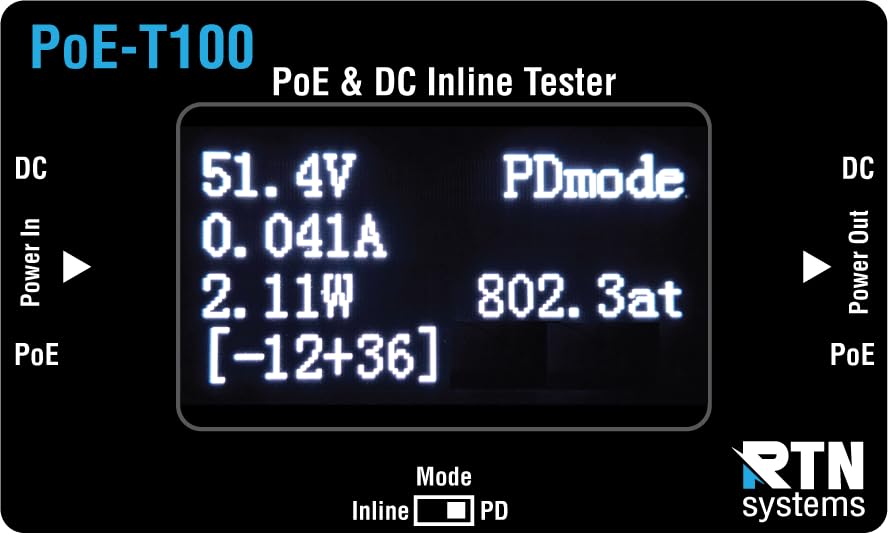 PoE-T100 Inline PoE & DC Tester – Test 802.3af/at/bt, 4PPoE, PoE+, Passive PoE & DC 12-57V with PD Simulator. Shows PoE Standard, Polarity, Voltage, Current & Power