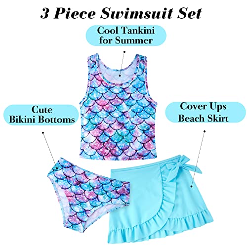 Girls Swimsuits 3 Piece Tankini Bathing Suit Set Cute Bikini Swimwear with Cover Ups Beach Skirt 5-16 Years
