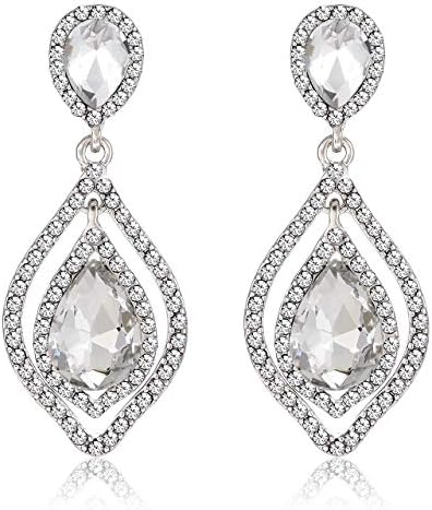 NLCAC Women Pear Shape Crystal Earrings Dangle Teardrop Rhinestone Chandelier Bridal Earring for Wedding (Silver)