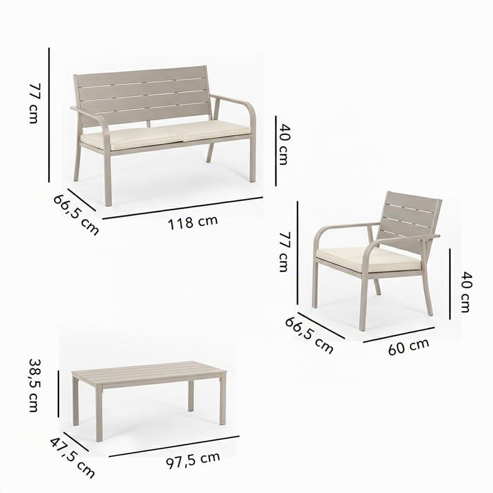 SIEDITI FUORI E DENTRO Set da giardino in acciaio verniciato e polietilene a doghe effetto legno, robusto e moderno, salotto da esterno con 2 poltrone, 1 divano e un tavolino - Matera (Champagne)