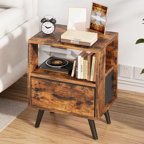 Aenuert Night Stand, Brown Nightstand with Drawer, Side Table with Open Storage, 2-Tier Modern End Table, Bedside Table for Small Space, Living Room, Bedroom