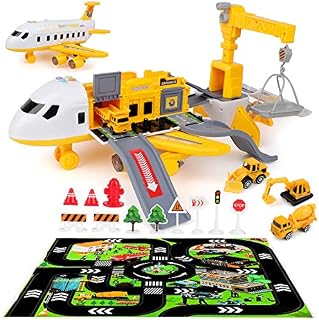 Kramow Toy Plane with 4 Cars and Playmat for Kids Transport Airplane with Music & Light, Gift for 3 4 5 6 Year Old Boys Girls