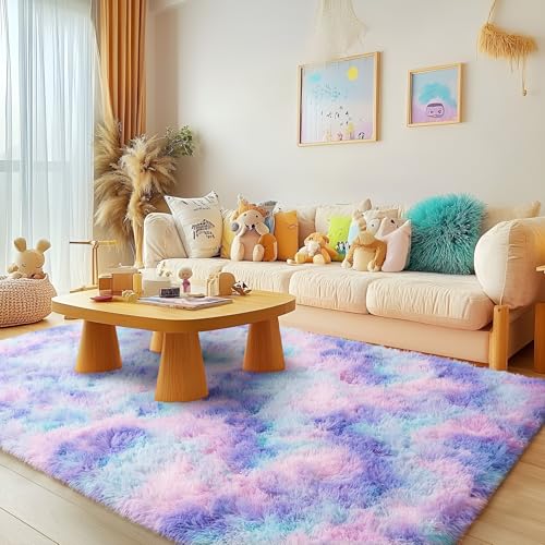 5x7 Fluffy Rug - Non Slip Rainbow Tie-dye Shaggy Rug for Living Room - Cute Floor Rug for Girls Room - Multi Blue