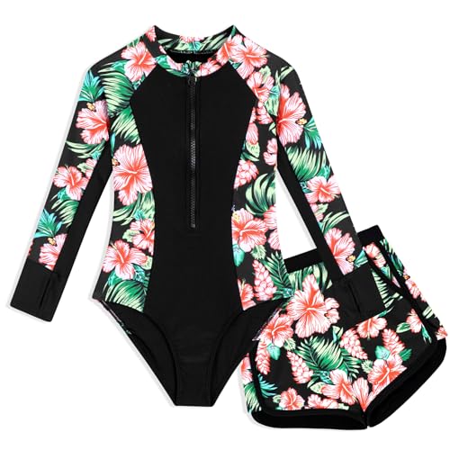 HOZIY Teen Girls One Piece Swimsuits Size 14-16 Modest Long Sleeve Zipper Rash Guard Sets with Shorts Kids Color Block Black Floral Swimming Swimwear