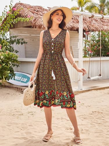 Image of BROVAVE Women Summer Bohemian Floral Print V Neck Sleeveless Sundress Flowy Casual Midi Dress