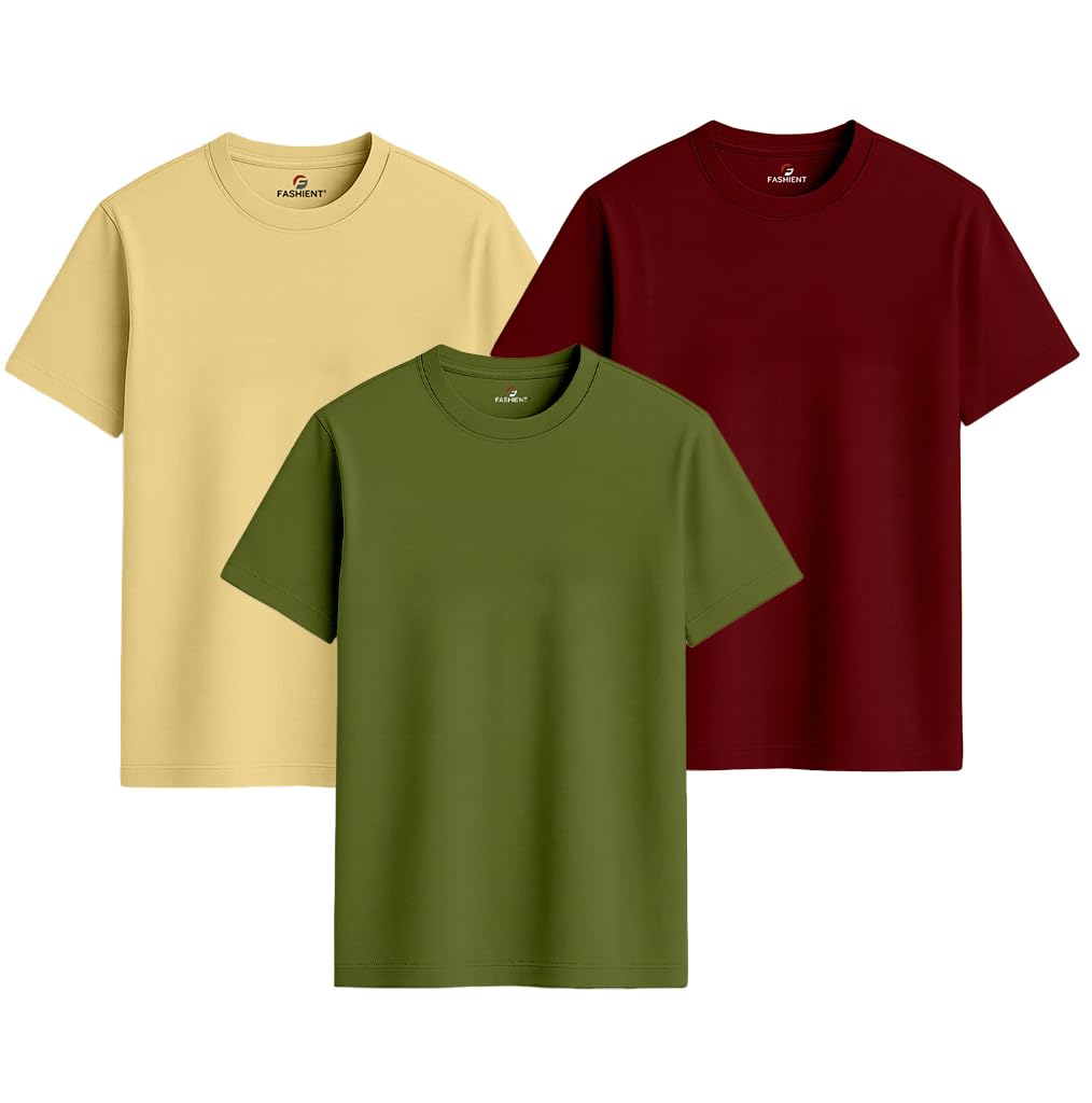 fashient Men’s Plain 100% Cotton T-Shirt Pack of 3 | Regular Fit Round Neck Half Sleeve Summer Casual Combo Tshirts for Men-picture-18