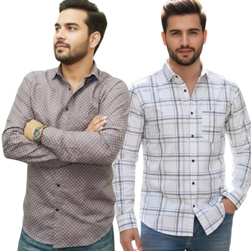 Image of Pack of 2 Men's Cotton Fabric Button Down Full Sleeve Collar Neck Regular Fit Check & Dotted Printed Combo Shirt